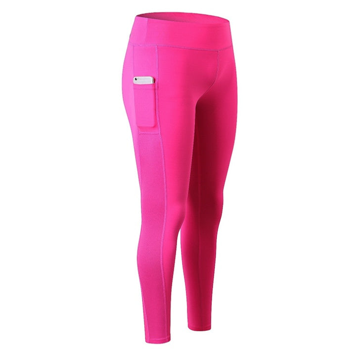 Bright pink women's fitness running leggings with side pocket for convenience during workouts