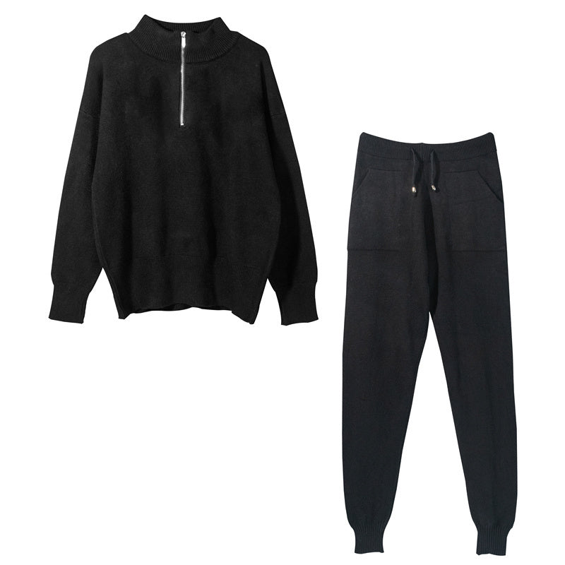 MONO//FIT women's knitted two piece set featuring a zip-up sweater and matching jogger pants in black