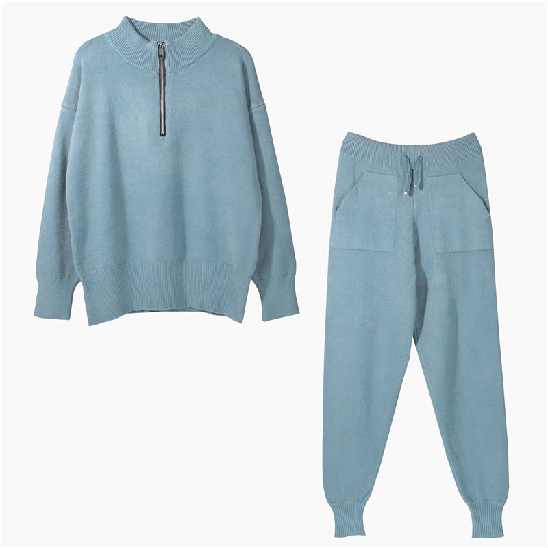 MONO//FIT women's knitted two piece set in light blue with a zippered pullover and matching pants