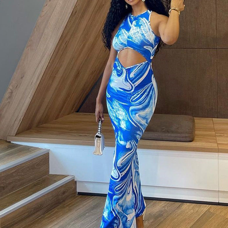 MONO//FIT women's sexy package hip dress in blue with cut-out design and flowing silhouette