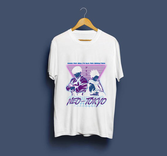 Akira capsule tee men featuring vibrant Neo-Tokyo graphic design on a white shirt