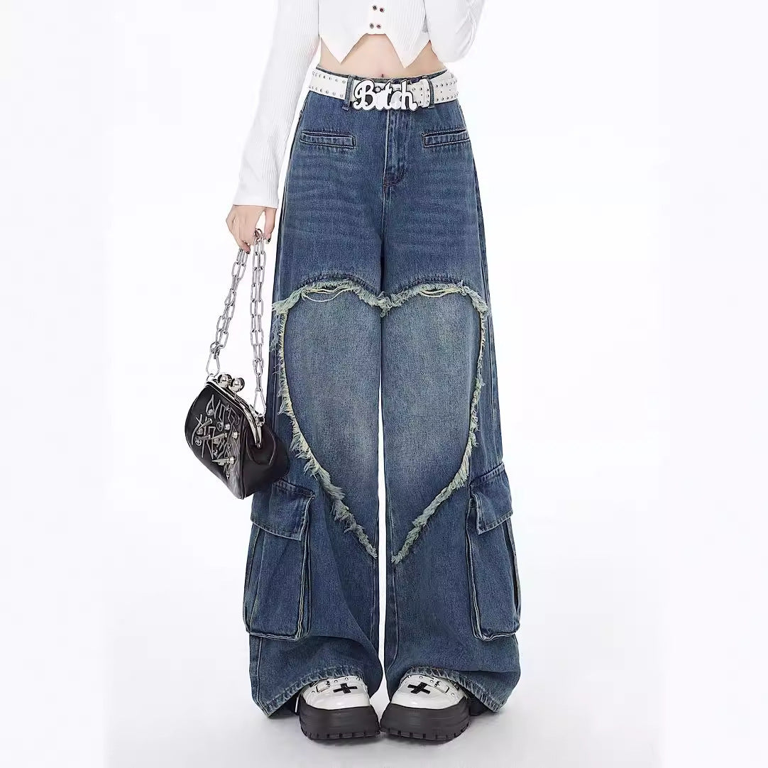MONO//FIT American street style jeans featuring wide legs and heart-shaped cutouts for a trendy look