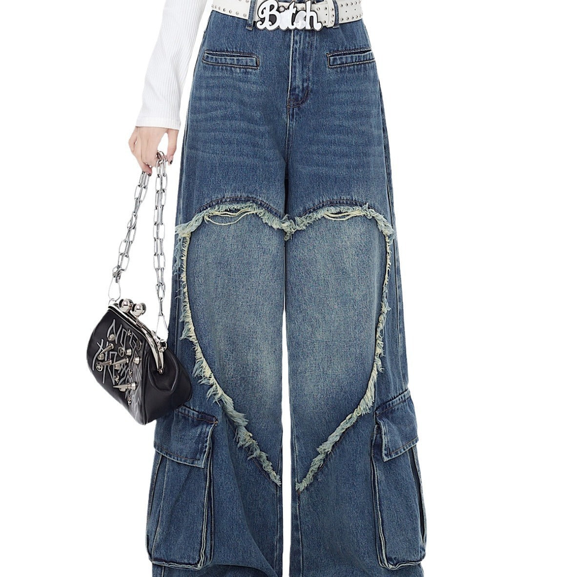 MONO//FIT American street style jeans featuring a unique heart cut-out design and relaxed fit