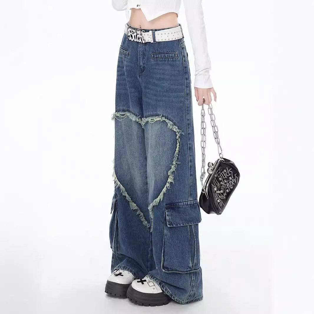 MONO//FIT oversized American street style jeans with a heart-shaped cutout and cargo pockets