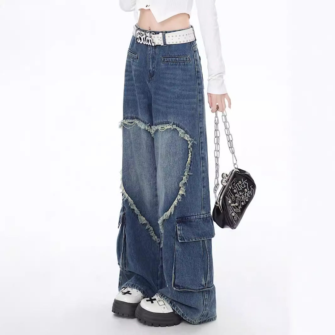 MONO//FIT American street style jeans with heart-shaped cutouts and a unique relaxed fit