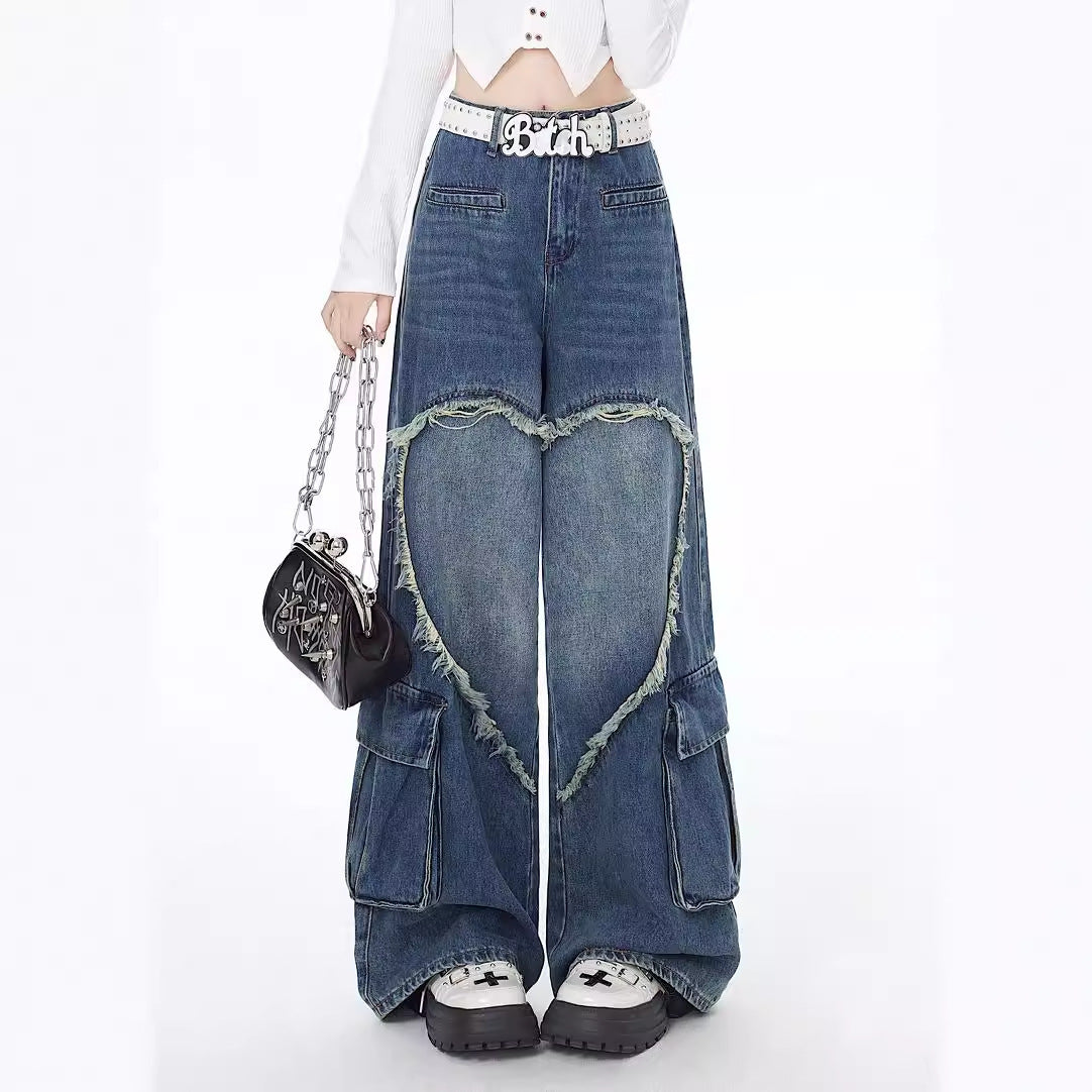 MONO//FIT American street style jeans with heart cutout design and wide-leg fit for trendy looks