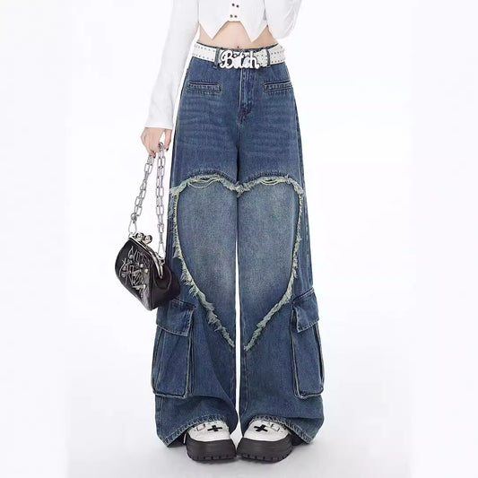 MONO//FIT American street style jeans with heart cutout design and wide-leg fit for trendy looks