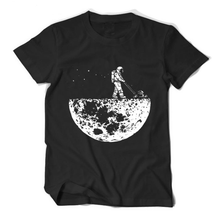 MONO//FIT astronaut graphic tees featuring a unique design of an astronaut mowing the moon