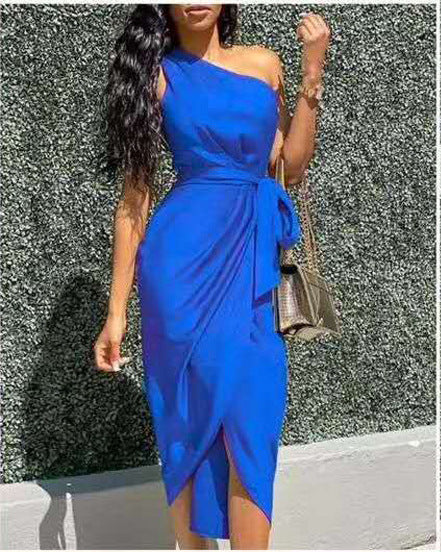 MONO//FIT Asymmetric shoulder dress in vibrant blue with a chic tied waist design