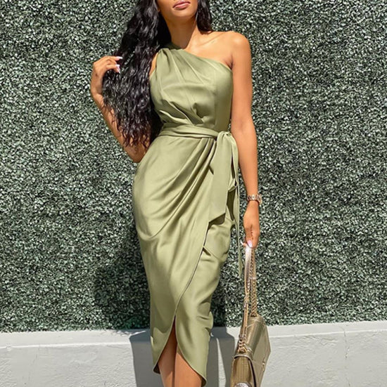 MONO//FIT asymmetric shoulder dress in olive green with a stylish wrap and slit detail
