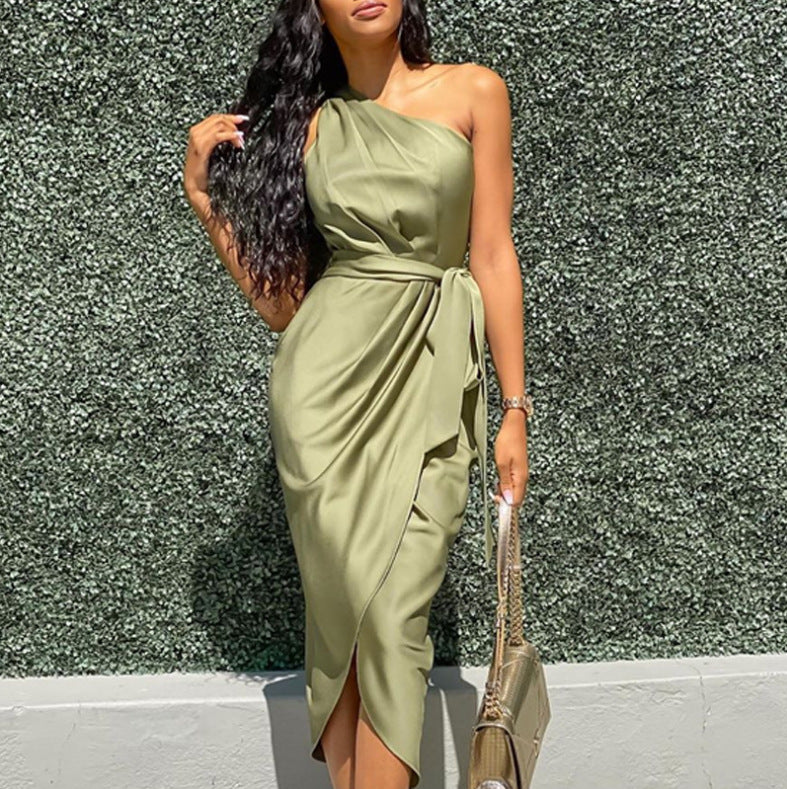 MONO//FIT asymetric shoulder dress in olive green with a stylish tie and elegant silhouette