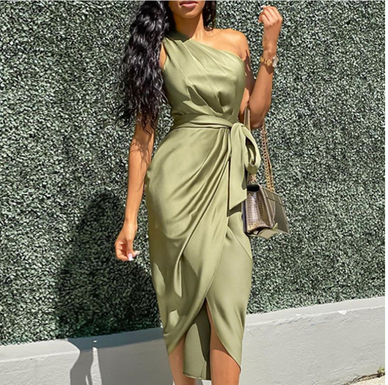 MONO//FIT asymmetric shoulder dress in olive green with a tie waist and stylish drape