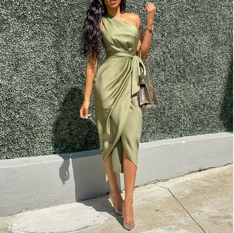 MONO//FIT olive green asymmetric shoulder dress with a stylish tie and flattering silhouette