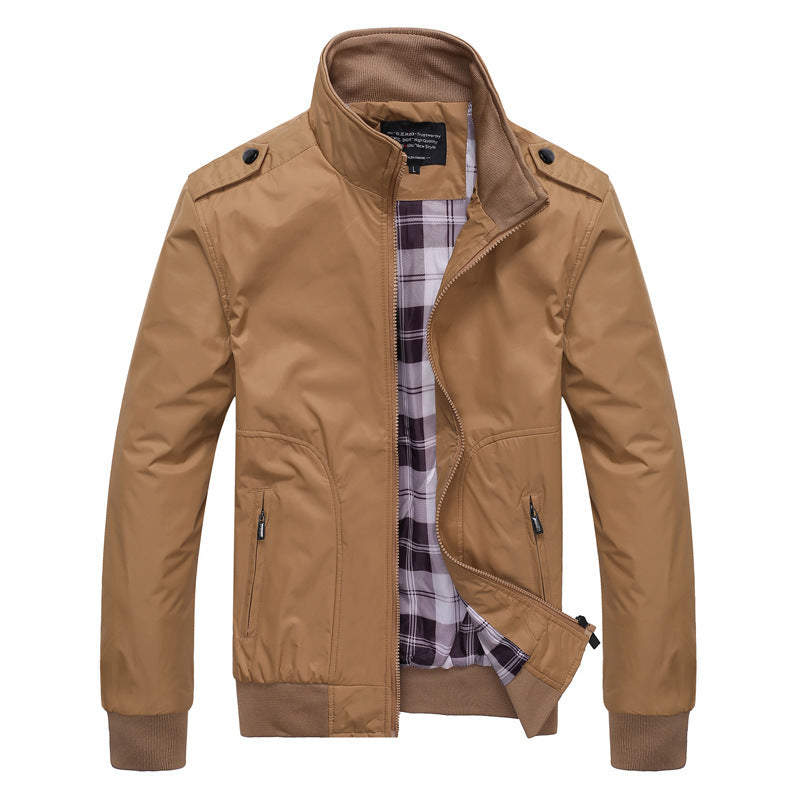 MONO//FIT Autumn Men's Fashion Jackets in Tan with Stylish Zip and Checkered Lining