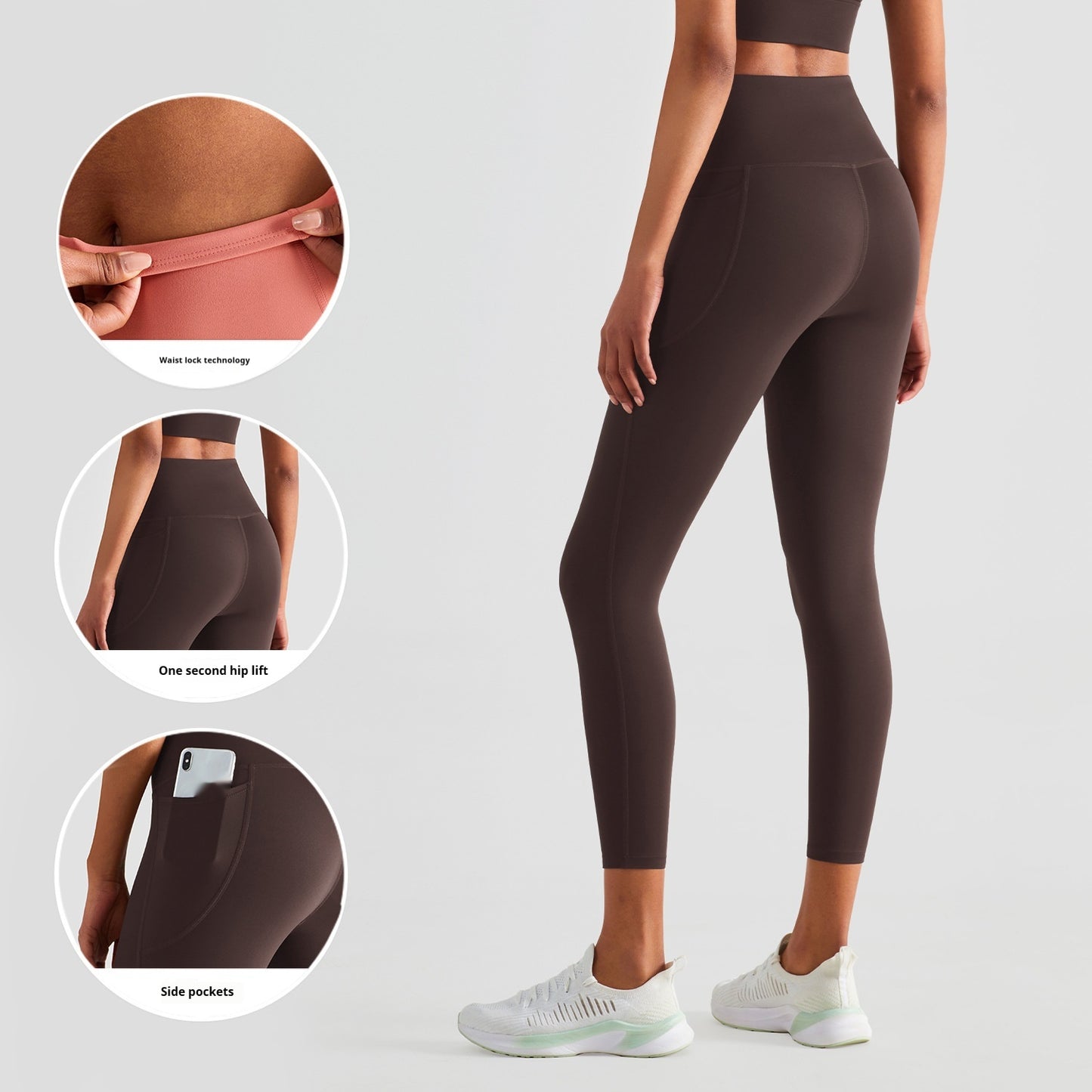 Black women's fitness leggings with side pockets and waist tuck technology for a flattering fit