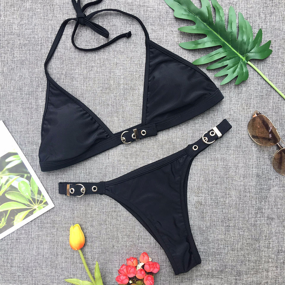 MONO//FIT Brazilian bathing suit women in black with stylish triangle top and adjustable bottoms