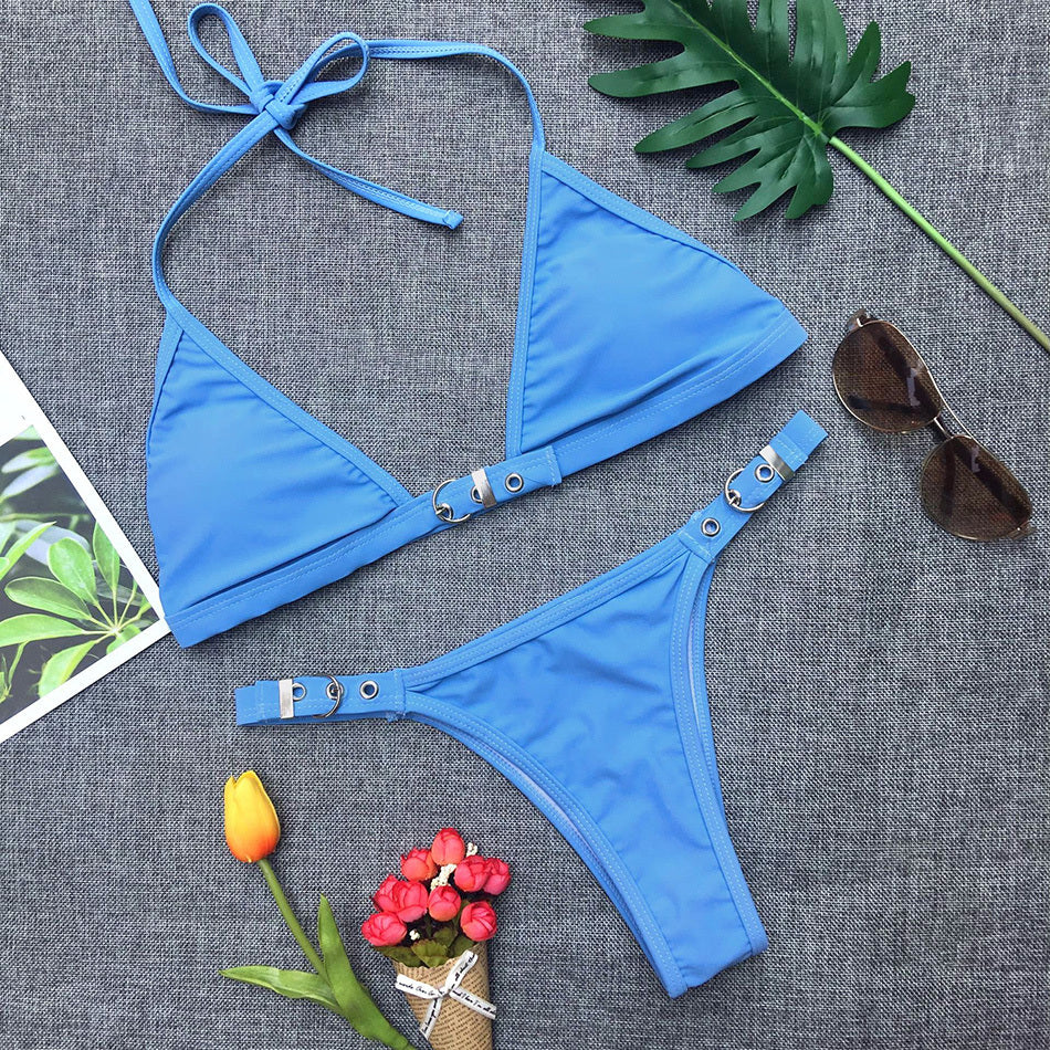 Stylish blue Brazilian bathing suit women with triangular top and adjustable straps for a perfect fit