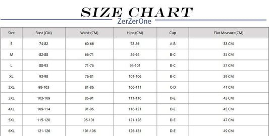 MONO//FIT Brazilian bathing suit women with size chart indicating bust, waist, and hip measurements