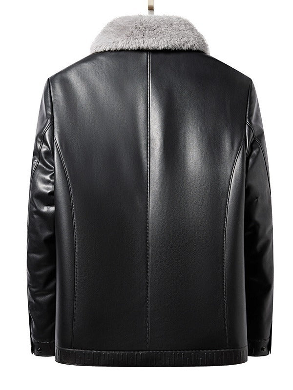 Back view of MONO//FIT business casual men's jacket in black leather with a stylish fur collar