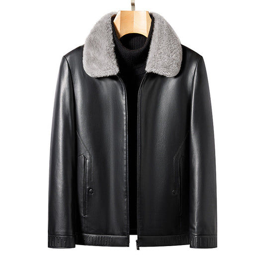 MONO//FIT business casual men's jacket in black leather with a soft grey collar for stylish layering