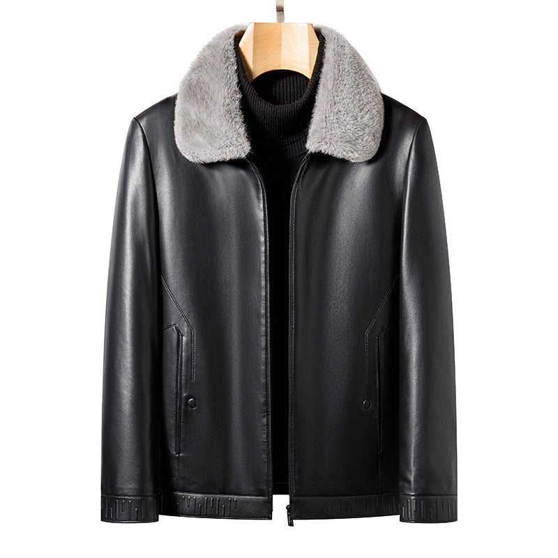 MONO//FIT business casual men's jacket in sleek black leather with a stylish fur collar