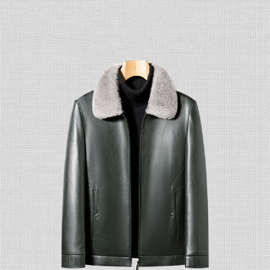 Stylish MONO//FIT business casual men's jacket with soft fur collar in dark green color
