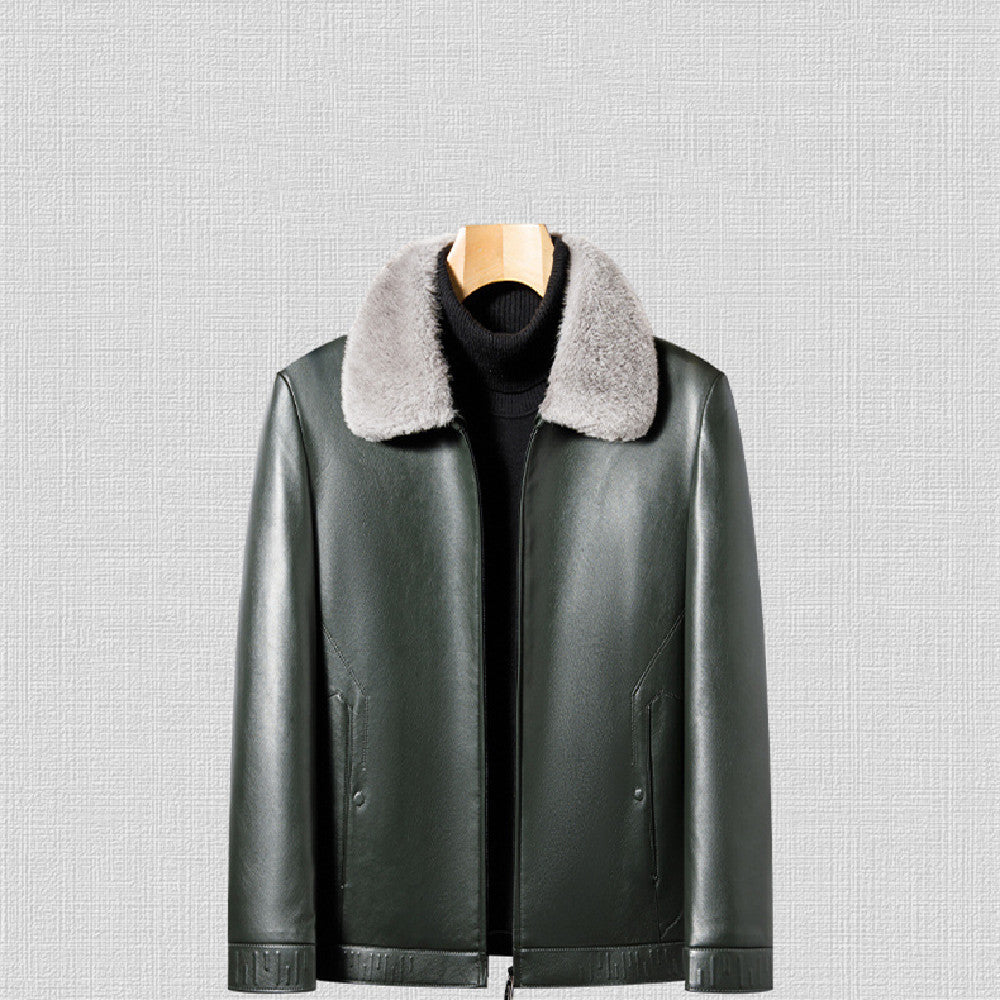 Stylish MONO//FIT business casual men's jacket in green with a cozy fur collar