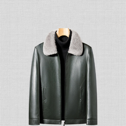 Stylish MONO//FIT business casual men's jacket in green with a cozy fur collar
