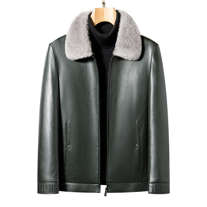 MONO//FIT business casual men's jacket in dark green with a stylish fur collar and sleek design