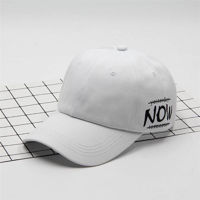 White MONO//FIT California cap for men with bold NOW text for a stylish casual look