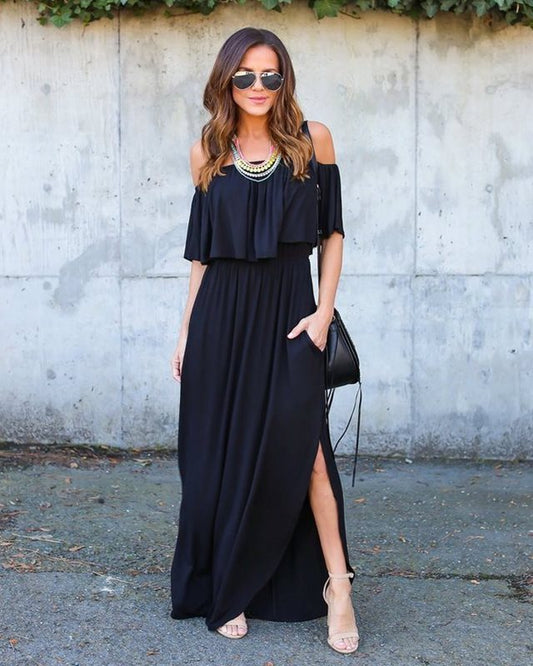 MONO//FIT Casual Dress in Black with Off-Shoulder Design and Side Slit for Effortless Style