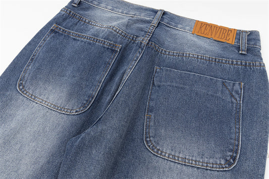 Back view of MONO//FIT casual embroidered denim men jeans featuring two back pockets