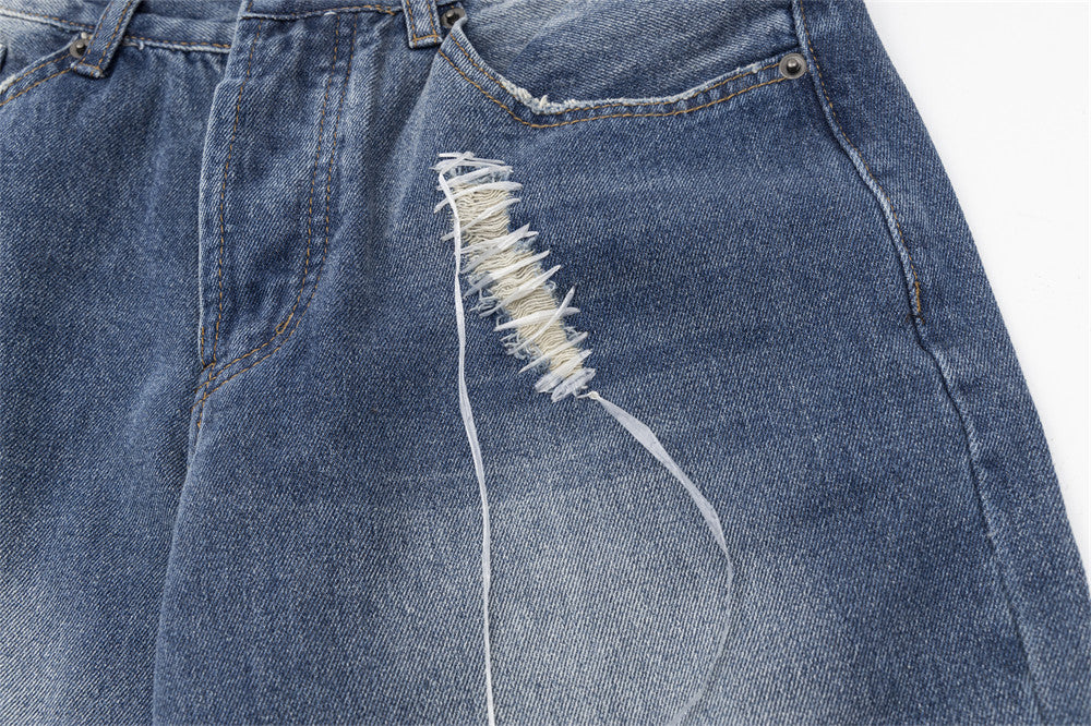 MONO//FIT casual embroidered denim men jeans with stylish ripped detail on the front
