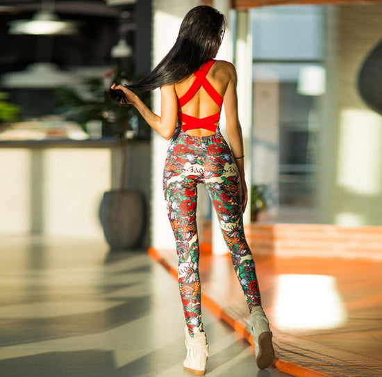MONO//FIT casual sports sets female featuring a vibrant floral and pattern bodysuit with crisscross back design