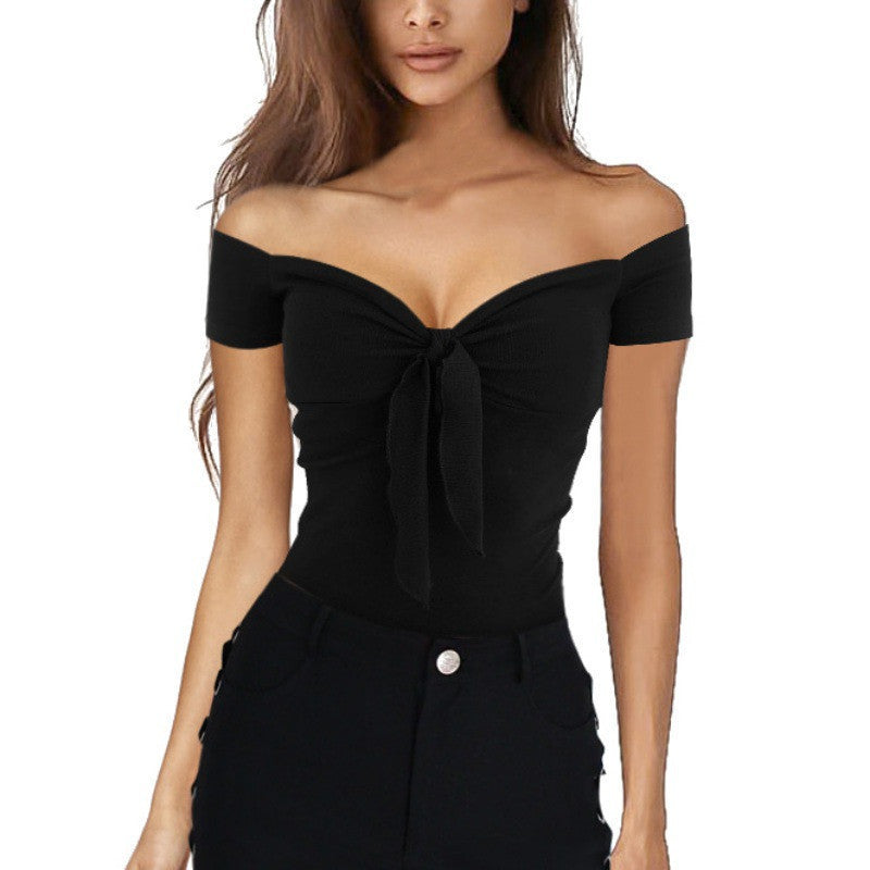 Stylish MONO//FIT black casual V collar tops for women with off-shoulder design and front knot detail