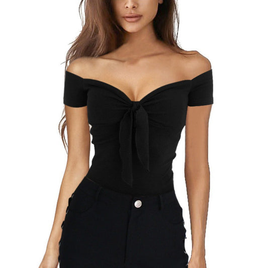 Stylish MONO//FIT black casual V collar tops for women with off-shoulder design and front knot detail