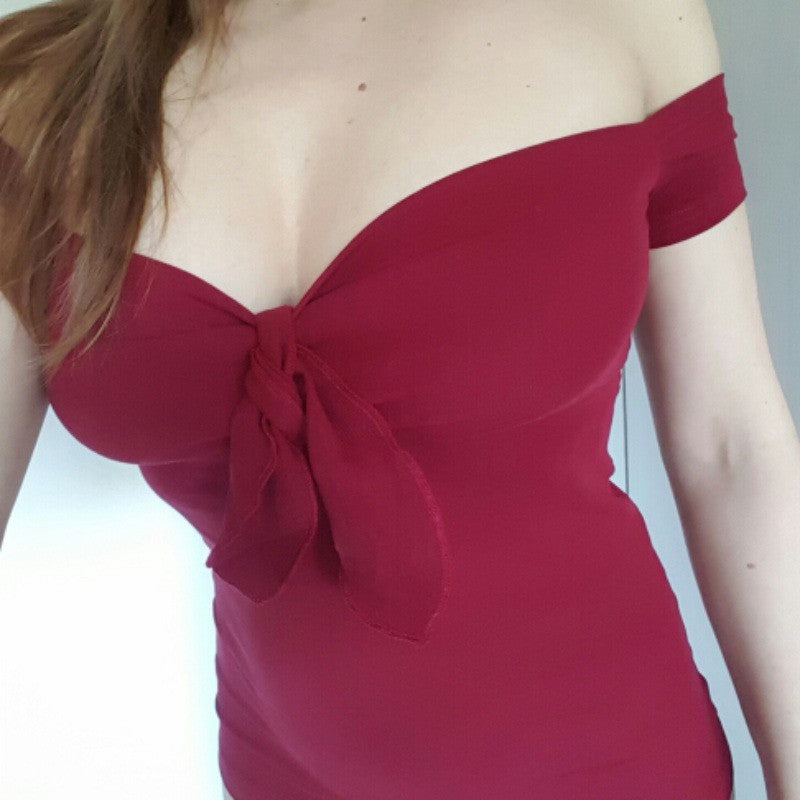 MONO//FIT red casual V collar tops for women with off-the-shoulder design and knot detail