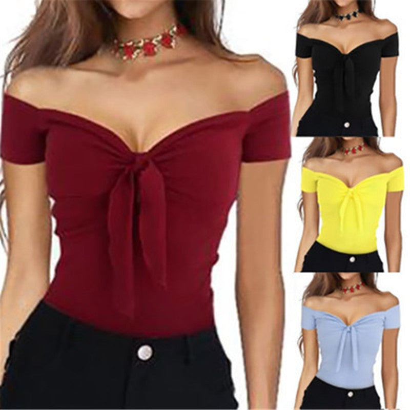 MONO//FIT casual V collar tops for women in red, black, yellow, and blue with a tie front design