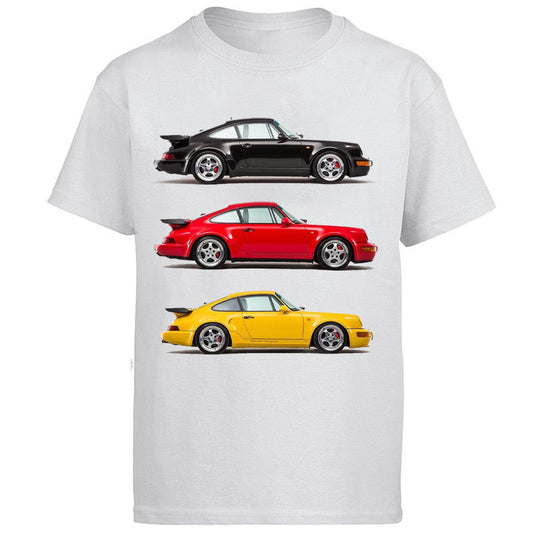 Classic car racing t-shirts featuring a black, red, and yellow vintage car design