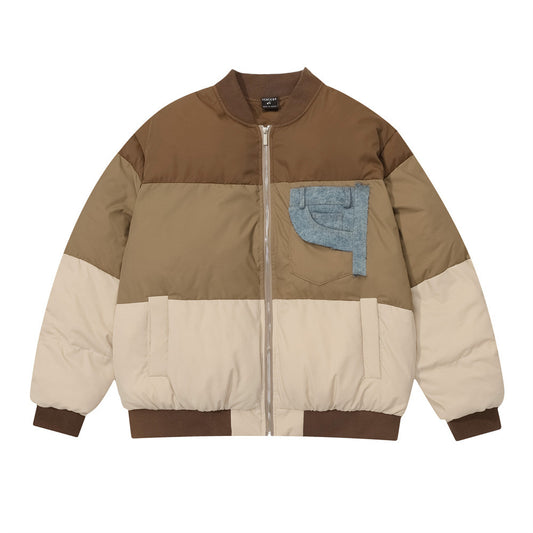 MONO//FIT color contrast men's jacket featuring a mix of brown and cream colors with a denim pocket