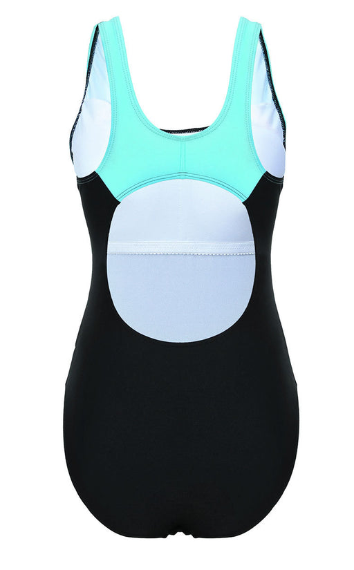 MONO//FIT stylish one-piece swimsuit featuring a sleek black and aqua design for women