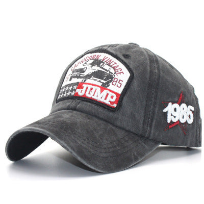 MONO//FIT custom letter baseball cap in gray with vintage patch design and embroidered details