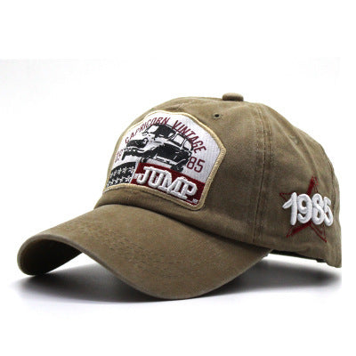 MONO//FIT custom letter baseball cap in brown with vintage car patch and embroidered details