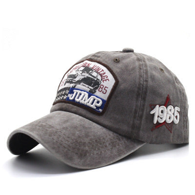 MONO//FIT custom letter baseball cap in gray with vintage car patch and embroidered details