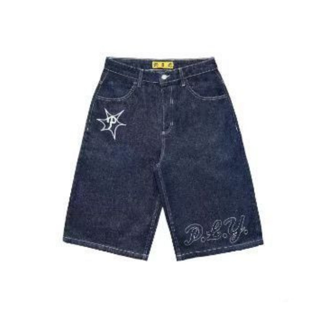 MONO//FIT dark blue denim shorts men with stylish embroidery for casual wear