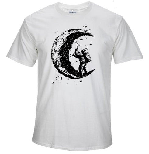 White digging the moon graphic tee featuring an astronaut hammering a crescent moon design