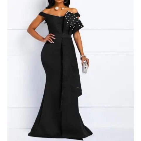 MONO//FIT elegant evening dresses featuring off-shoulder design and decorative bow detail