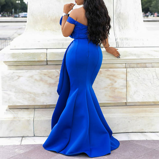 Elegant evening dresses by MONO//FIT in vibrant blue featuring an off-the-shoulder design and mermaid silhouette