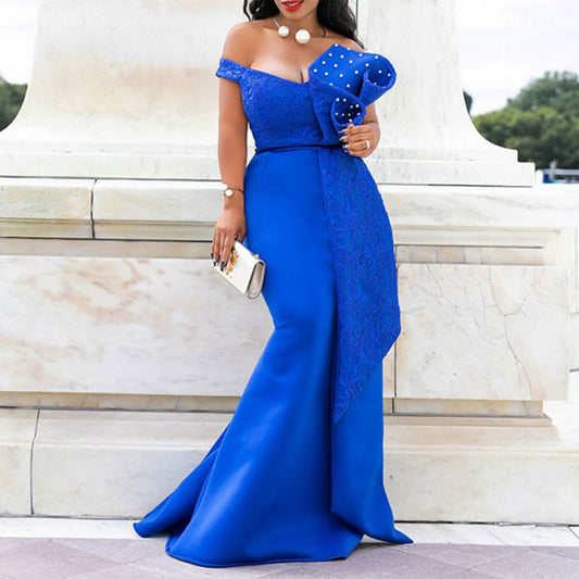Stunning blue elegant evening dresses with off-shoulder design and embellished detailing