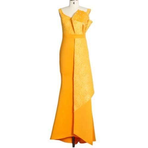 Monofit Elegant Evening Dresses in Vibrant Yellow with Unique Asymmetrical Design and Lace Details